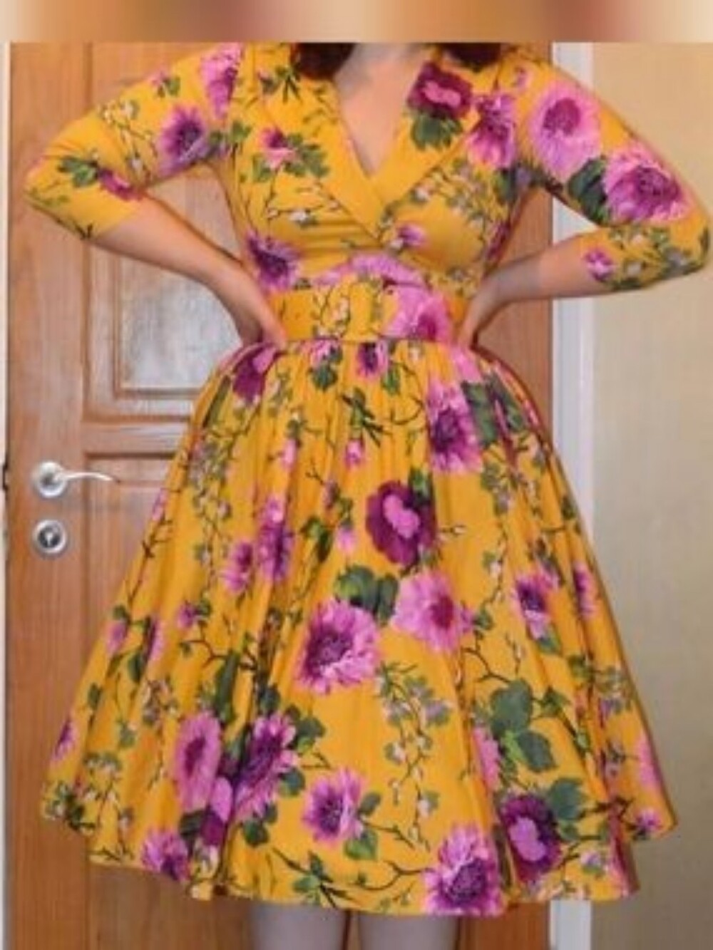 Pinup Couture Birdie Dress With Matching Belt - Mustard Violet Floral